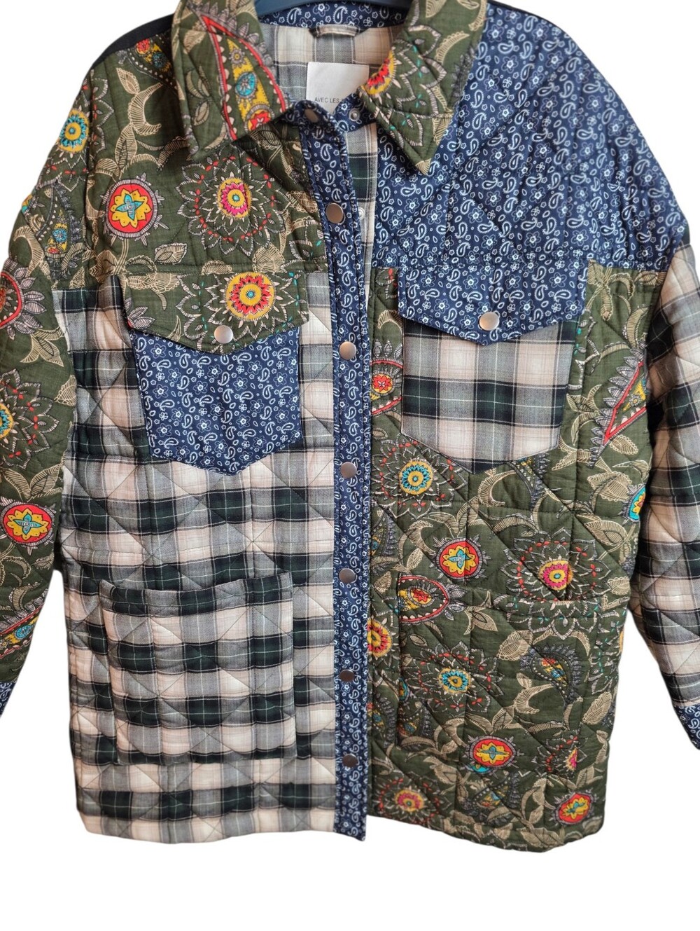 Avec Les Filles Patchwork Quilted Floral Plaid Shacket Jacket Large - Picture 6 of 16